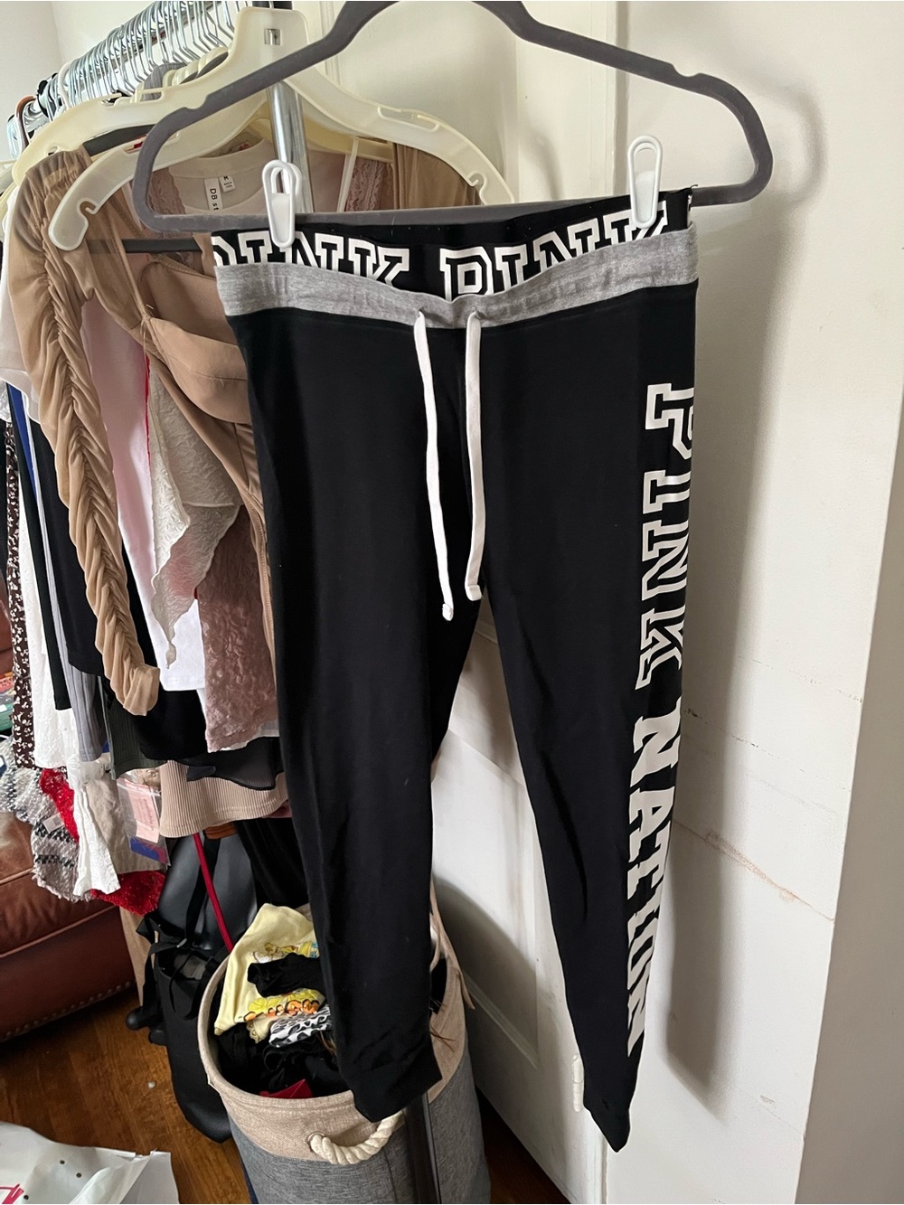 Victoria's Secret Black Leggings with White Logo and Gray Waistband